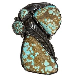 Navajo Zuni Sterling Silver Turquoise Feather Pin Pendant Signed RD 3 Inch 29g